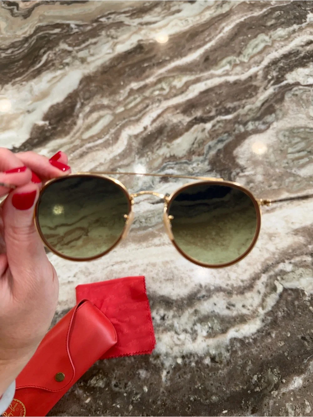 Ray-Ban Women's Rose Gold Frame Sunglasses with Brown Lenses and Red Case